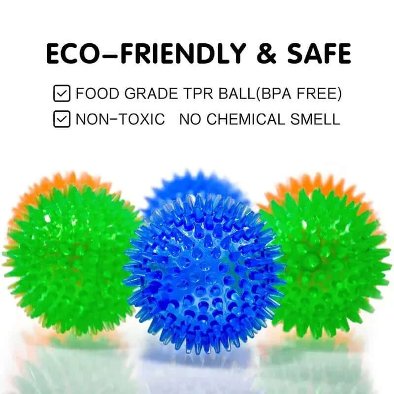 Three spiky balls in green, blue, and orange on a white background with text about eco-friendliness and safety.