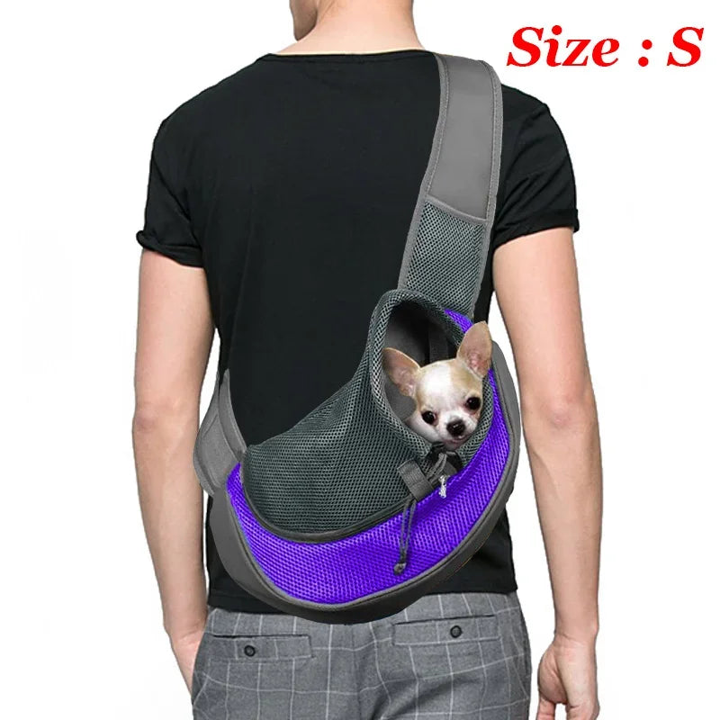 Person wearing a gray and purple pet carrier with a small dog inside, on a white background.