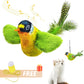 Colorful bird-shaped cat toy with feather details, music notes, and a free offer banner.