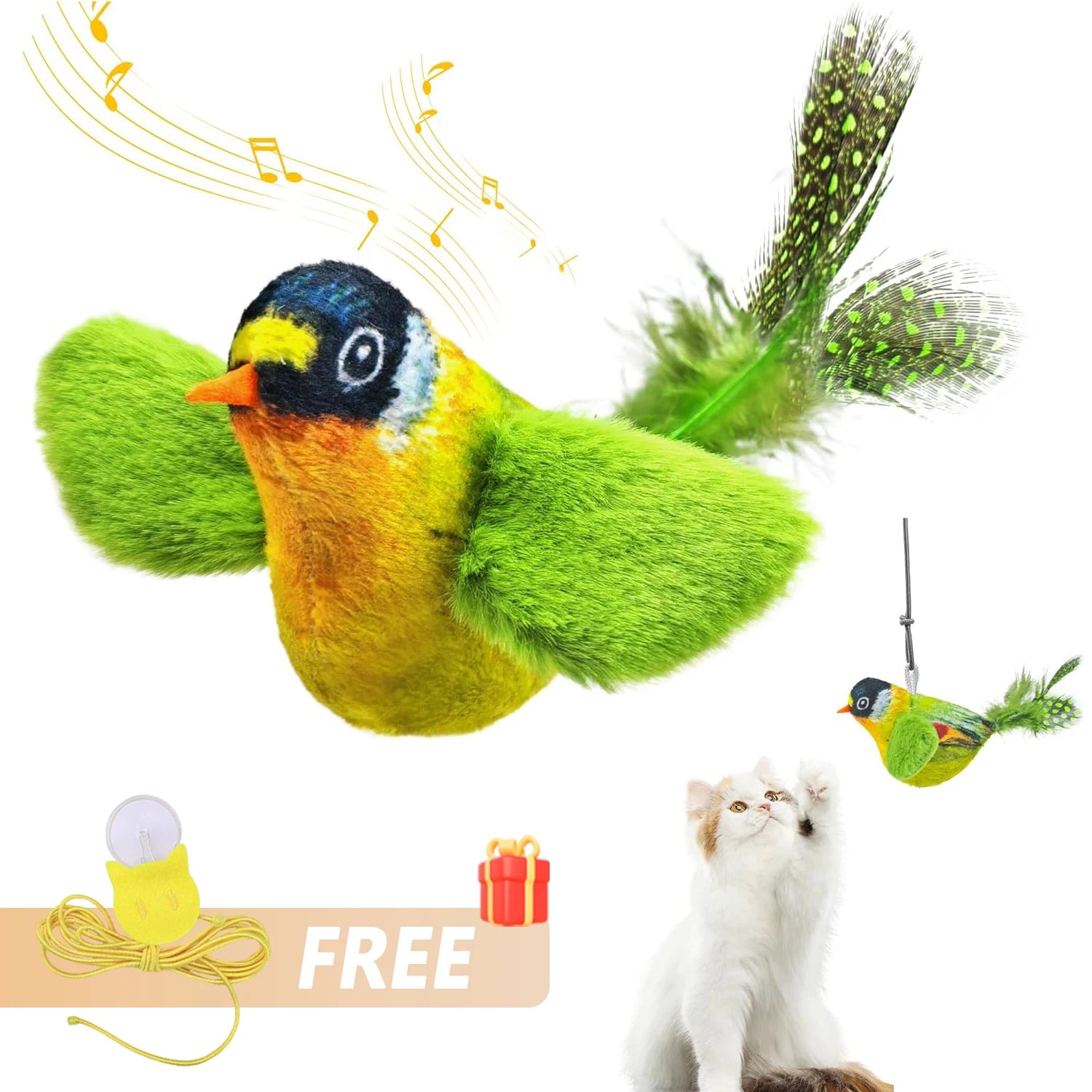 Colorful bird-shaped cat toy with feather details, music notes, and a free offer banner.