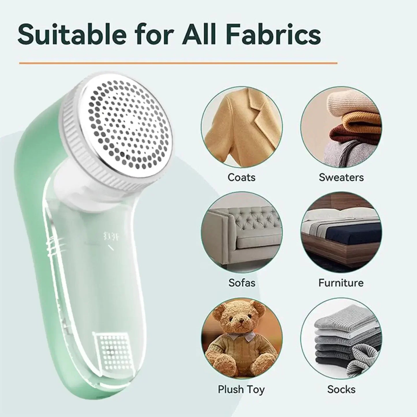 Fabric shaver with examples of fabrics it can be used on.
