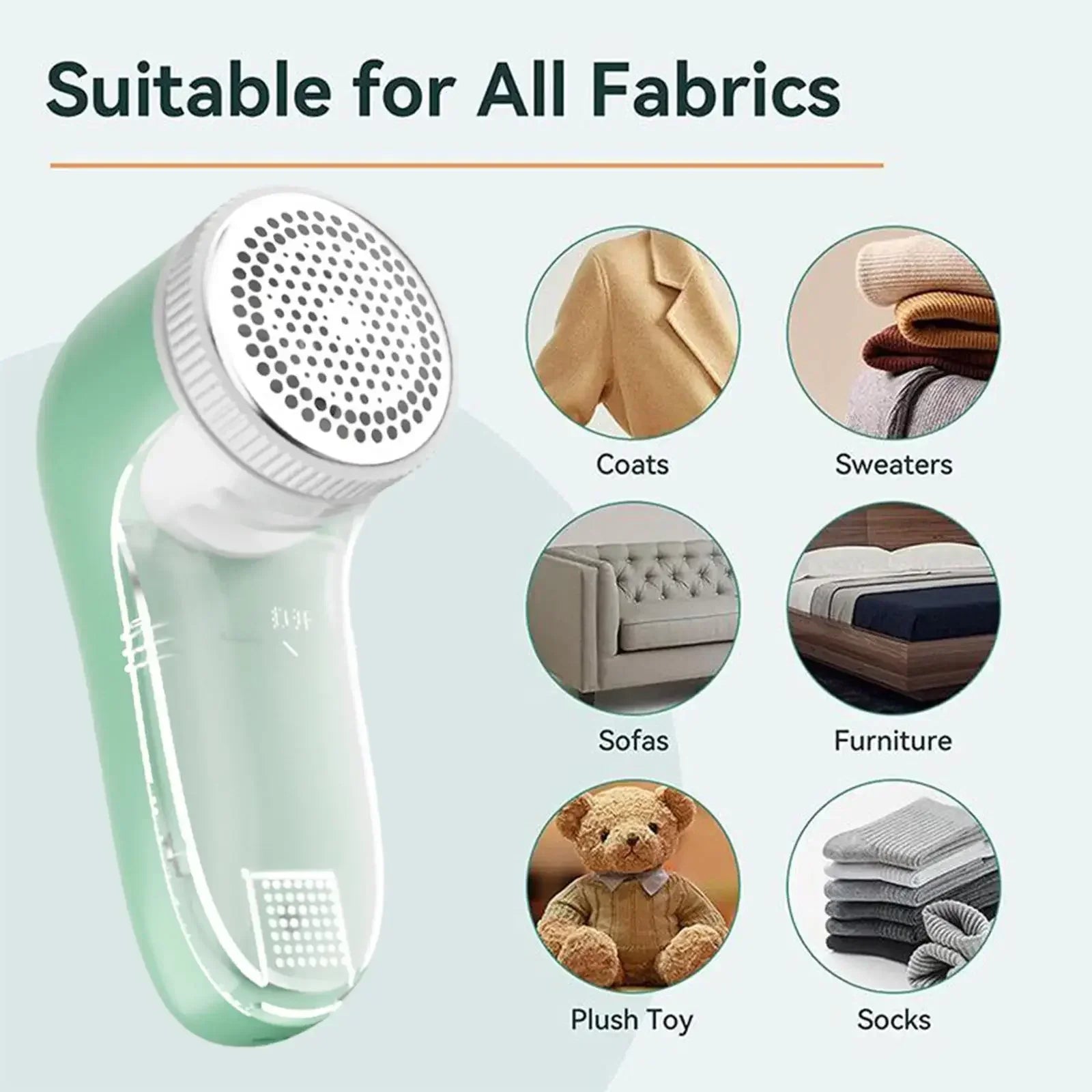 Fabric shaver with examples of fabrics it can be used on.