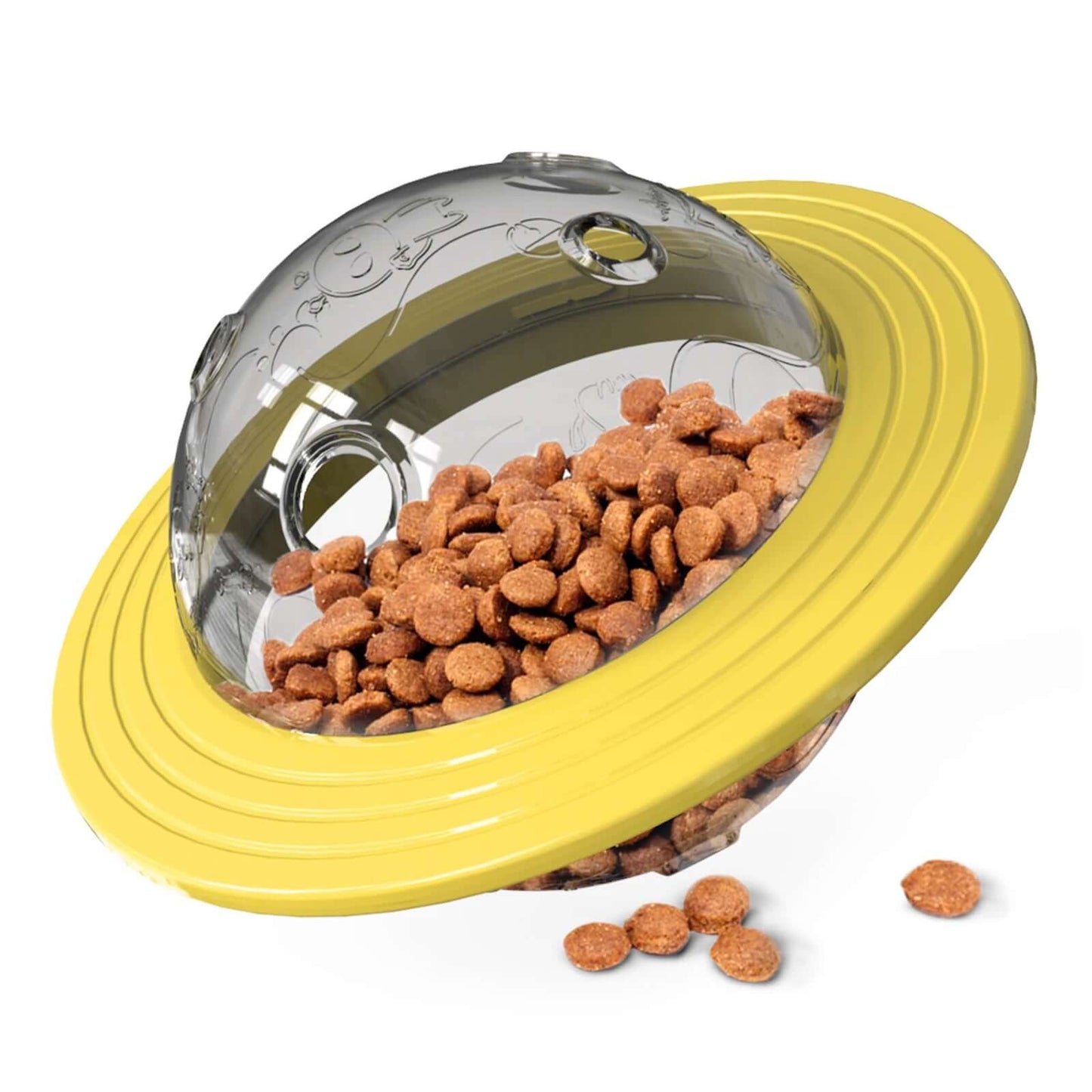 Pet food container with yellow lid and transparent dome, filled with kibble.