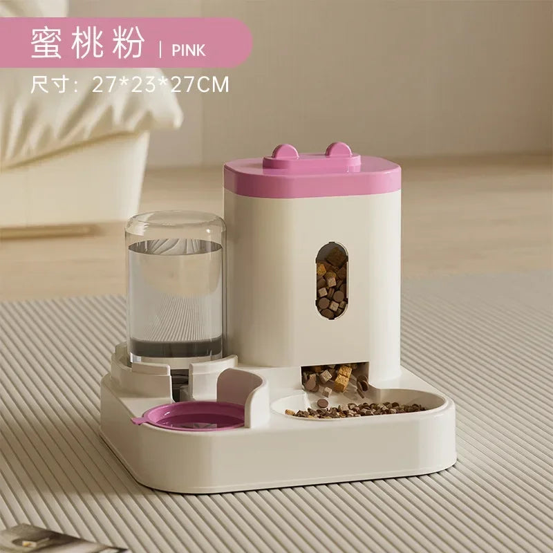 Pet feeder and water dispenser with pink top on a neutral background