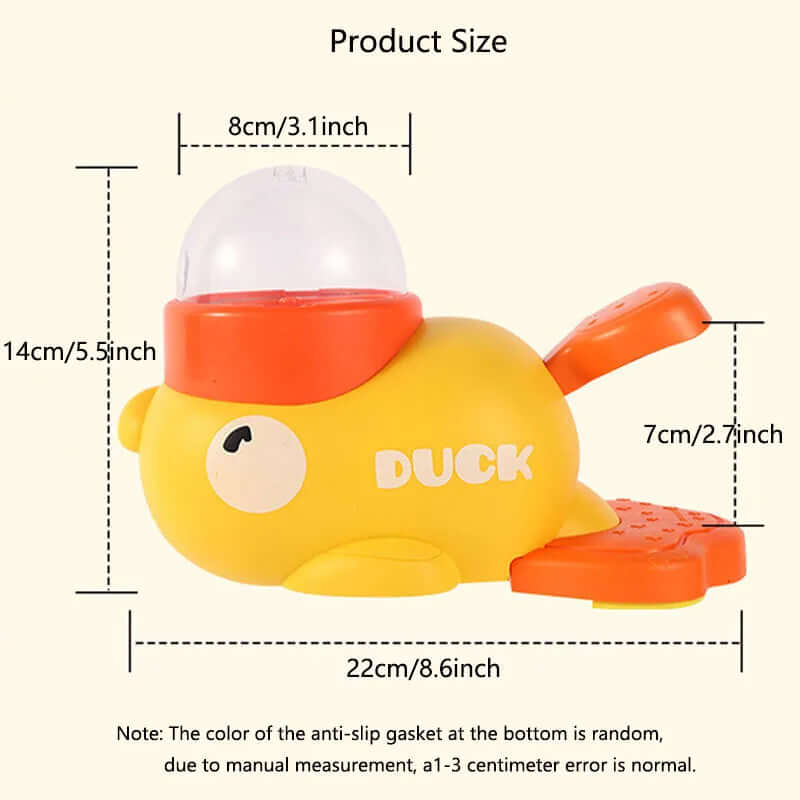 Measurement chart of a yellow duck toy with dimensions labeled.