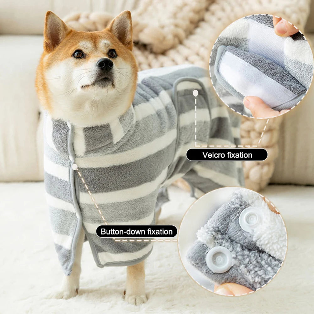 Dog wearing a striped outfit with close-up details of Velcro and button fixation on a soft surface.