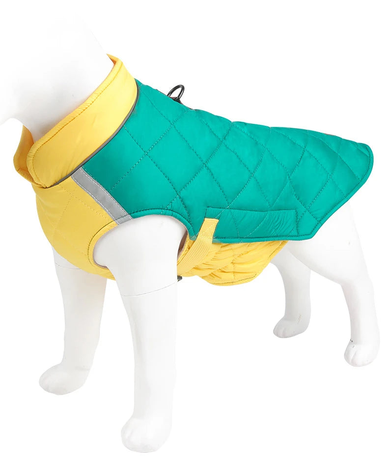 Dog wearing a yellow and green quilted jacket on a mannequin.