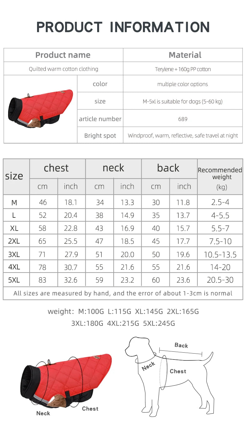Product information chart for a quilted warm dog coat with size chart and material details.