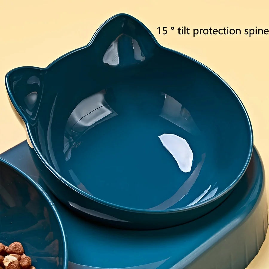 Blue pet bowl with a 15-degree tilt feature on a beige background