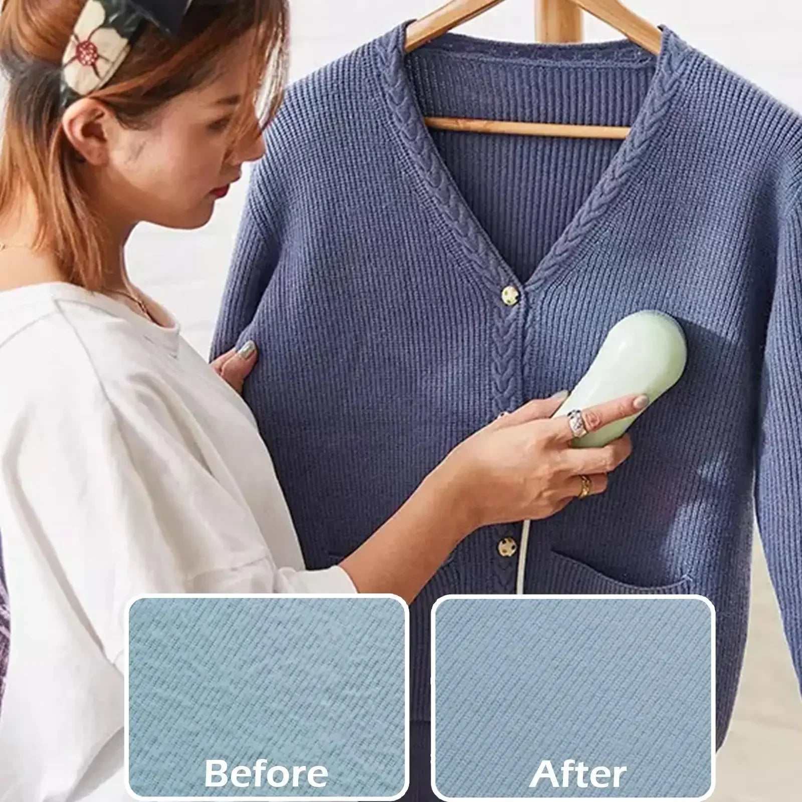 Woman using a handheld device on a blue sweater with 'Before' and 'After' color swatches.