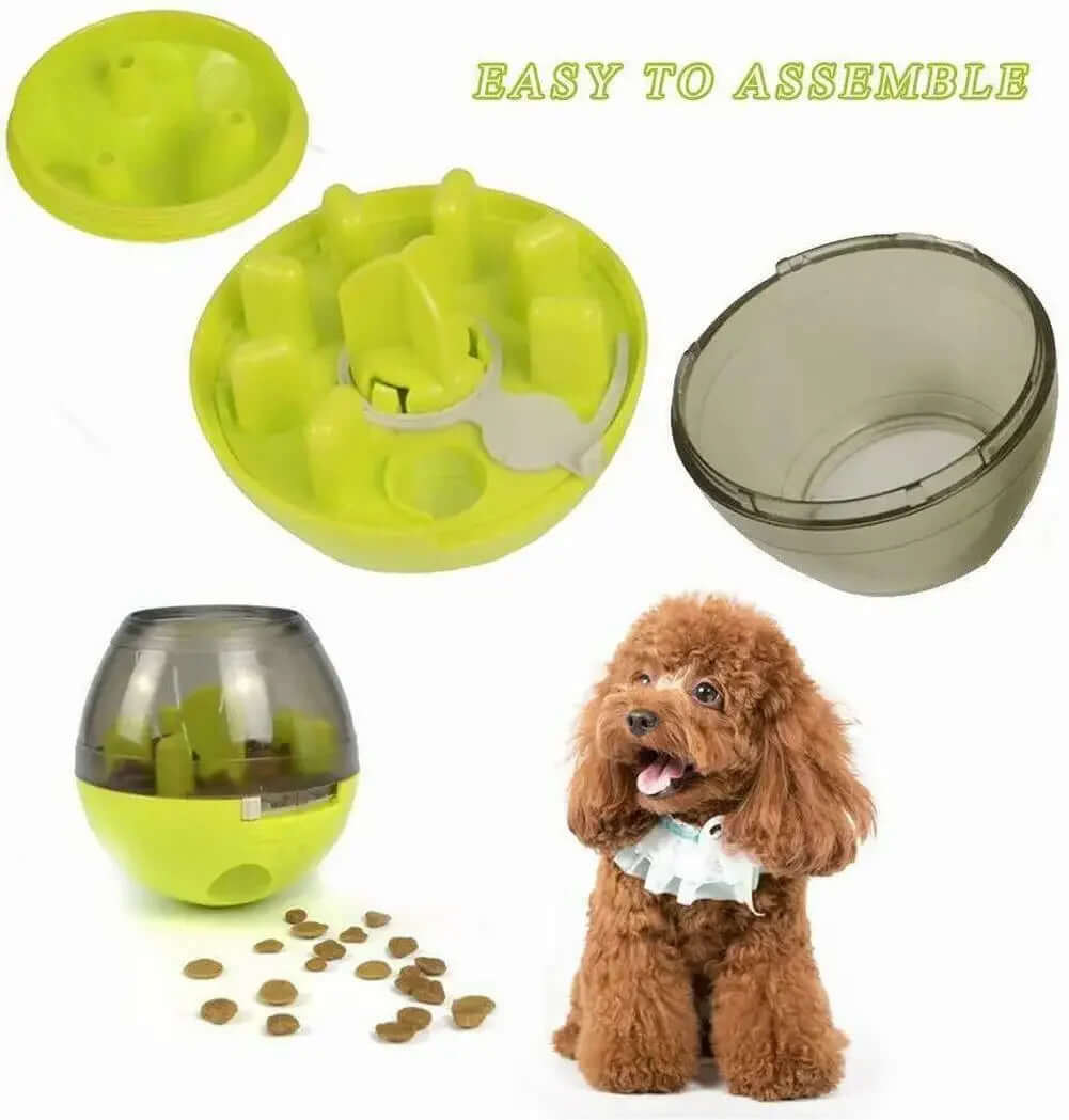 Pet toy with clear container, dog with treats, and text 'Easy to Assemble' on a white background