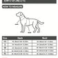Dog size chart for measurements in centimeters and inches with a diagram of how to measure neck and bust.