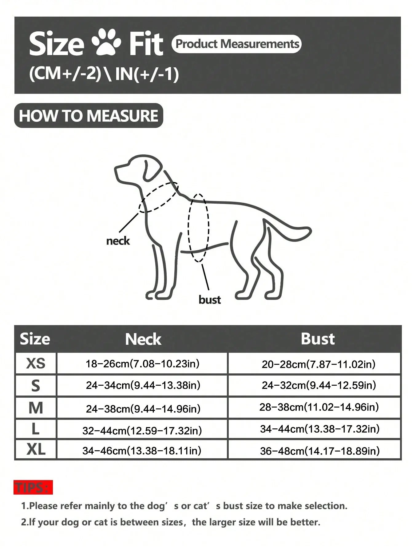 Dog size chart for measurements in centimeters and inches with a diagram of how to measure neck and bust.