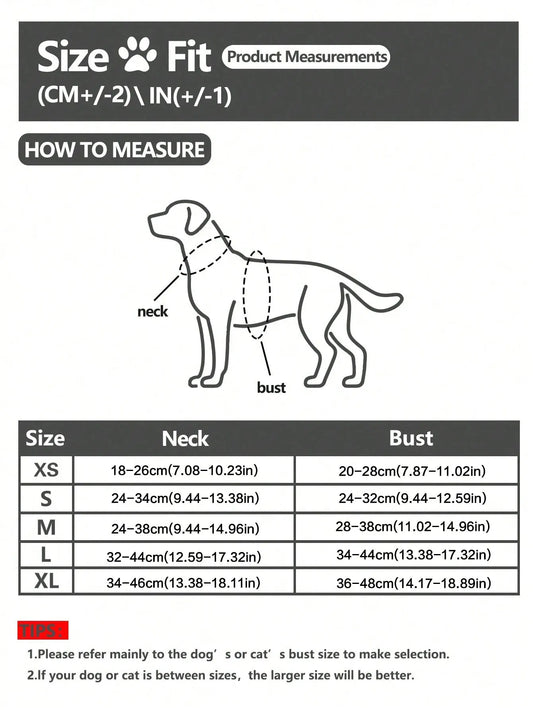 Dog size chart for measurements in centimeters and inches with a diagram of how to measure neck and bust.