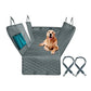 Gray pet car hammock with a dog sitting inside, straps included on a white background
