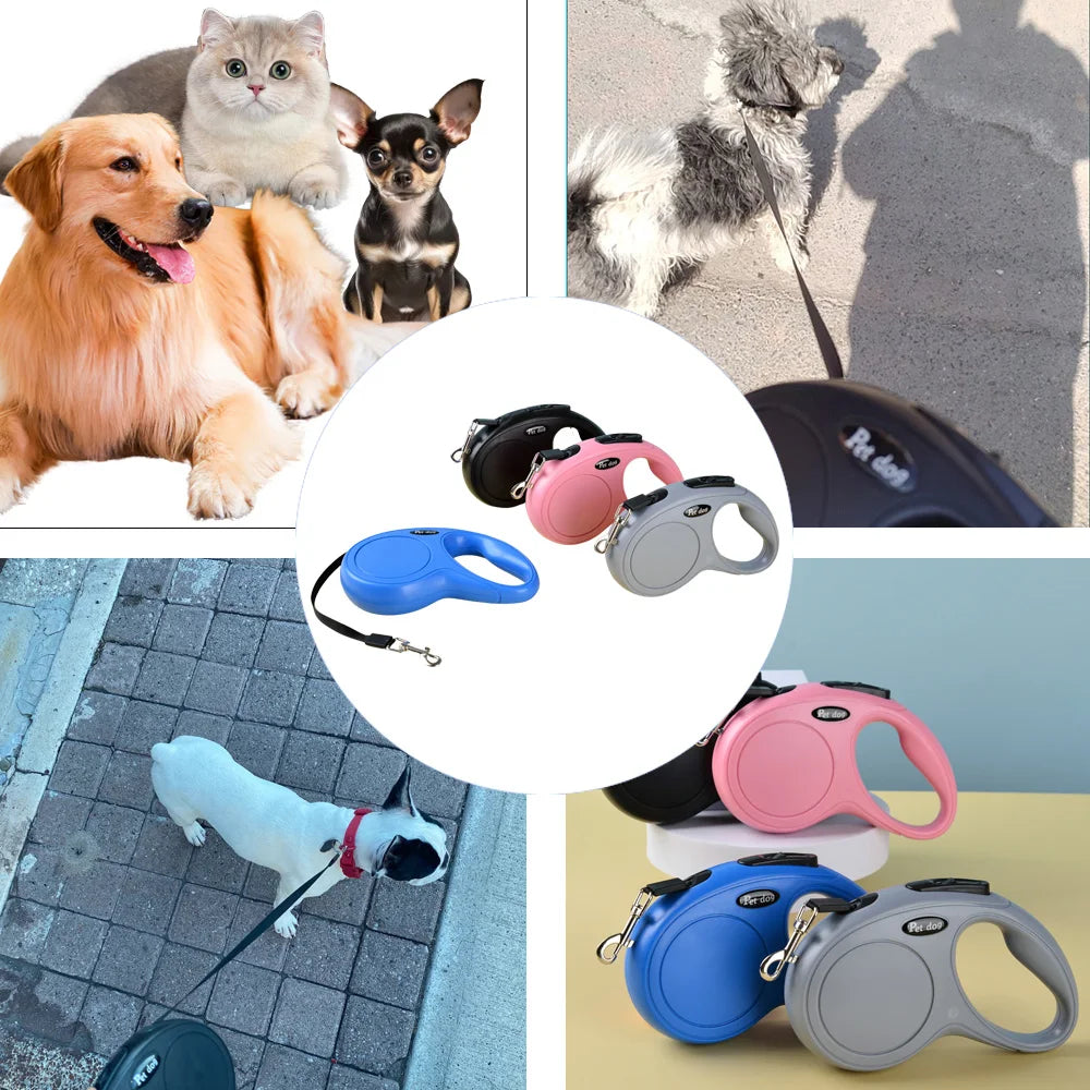Collage of pets and retractable dog leashes in various colors.