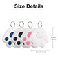 Four cloud-shaped keychains with color swatches and size measurements on a white background