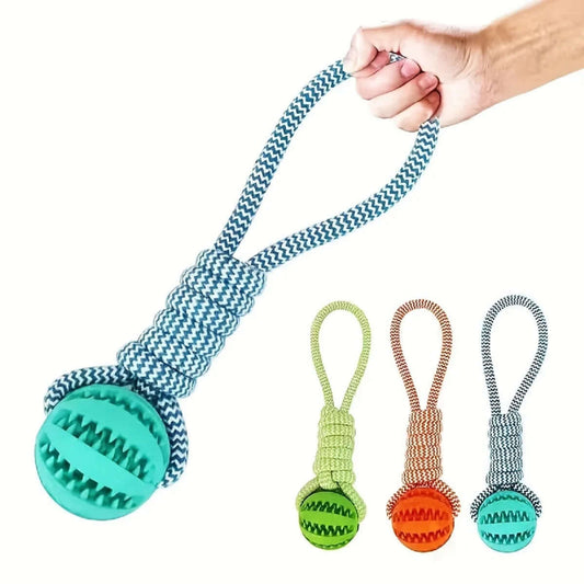 Dog toy with a ball and rope, held by a hand, with additional toys in the foreground on a white background.