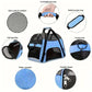 Blue pet carrier with features highlighted on a white background