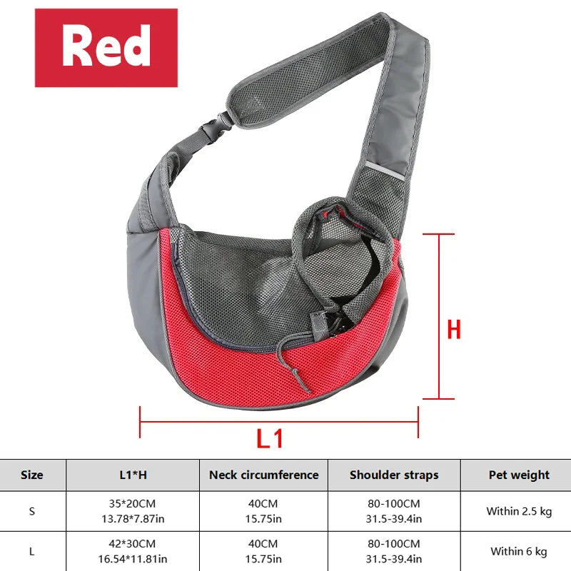 Gray and red pet sling with measurements and size chart on a white background