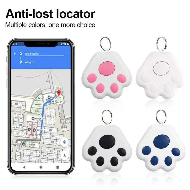Anti-lost locator with paw designs and smartphone app showing location on a white background