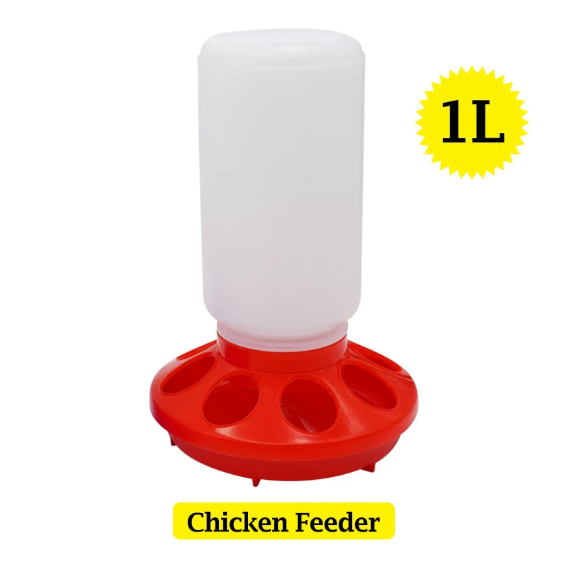 Chicken feeder with a red base and white container on a white background