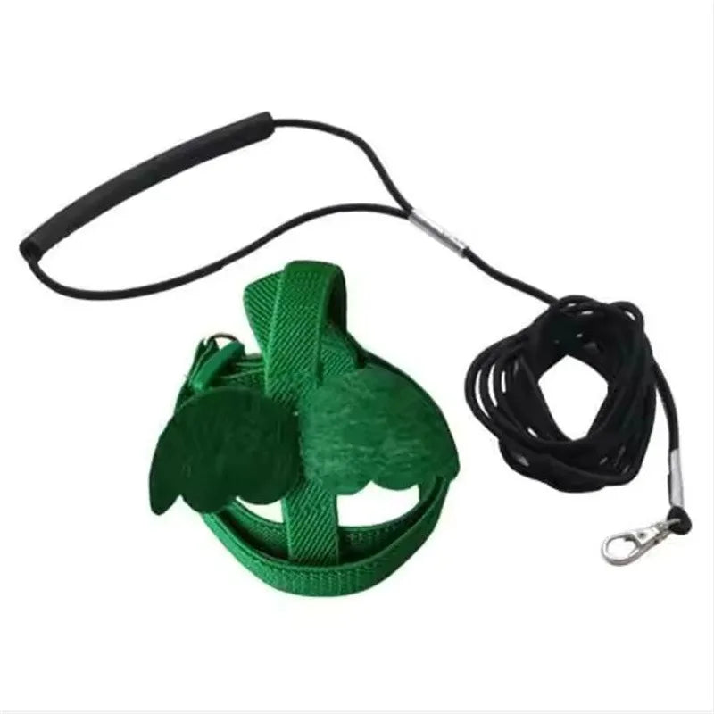 Green dog leash with a black handle on a white background