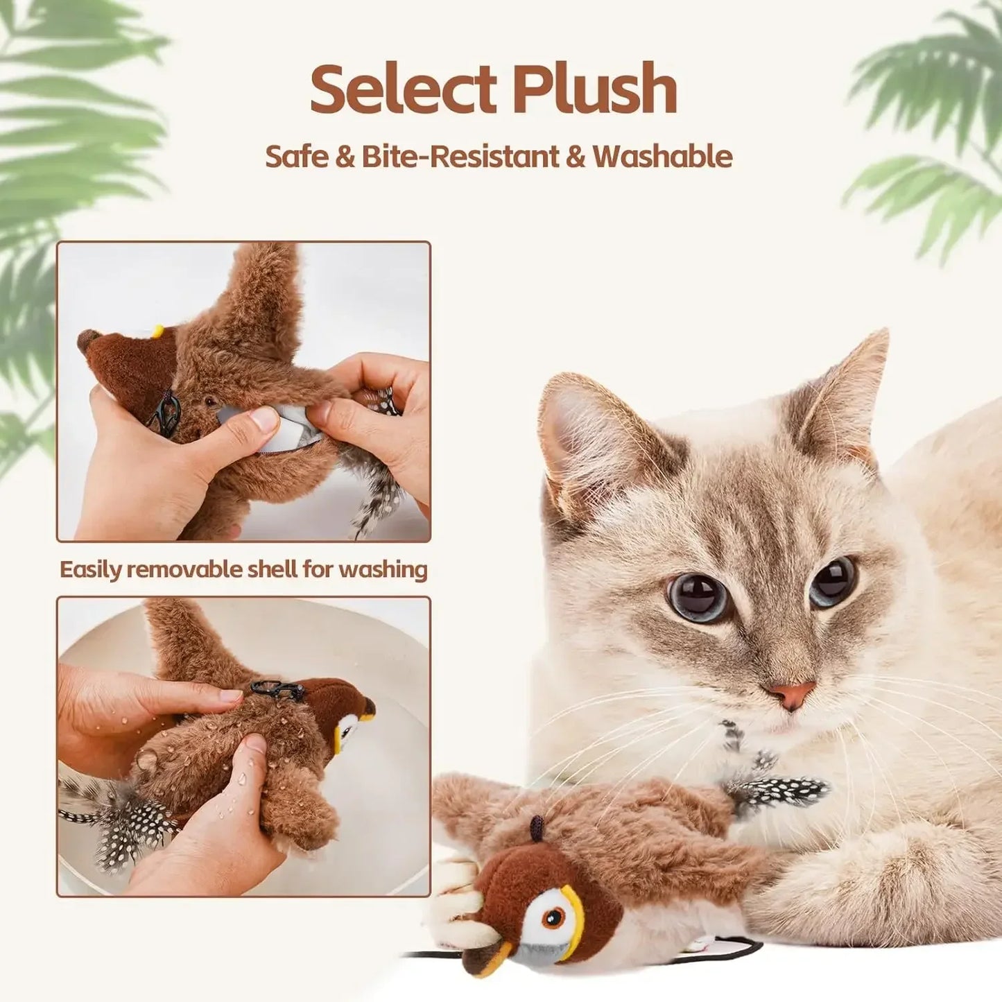 Cat playing with a plush toy, with text highlighting safety and washability features.