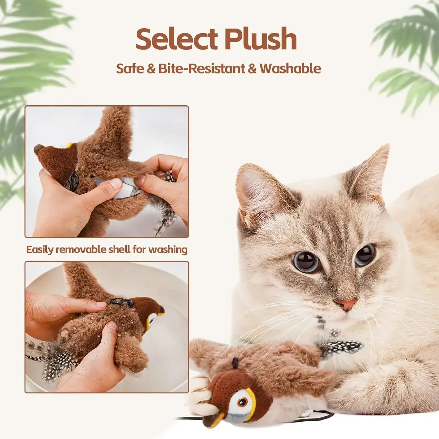 Cat playing with a plush toy, with text highlighting safety and washability features.