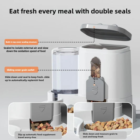 Pet food dispenser with double seals feature on a white background