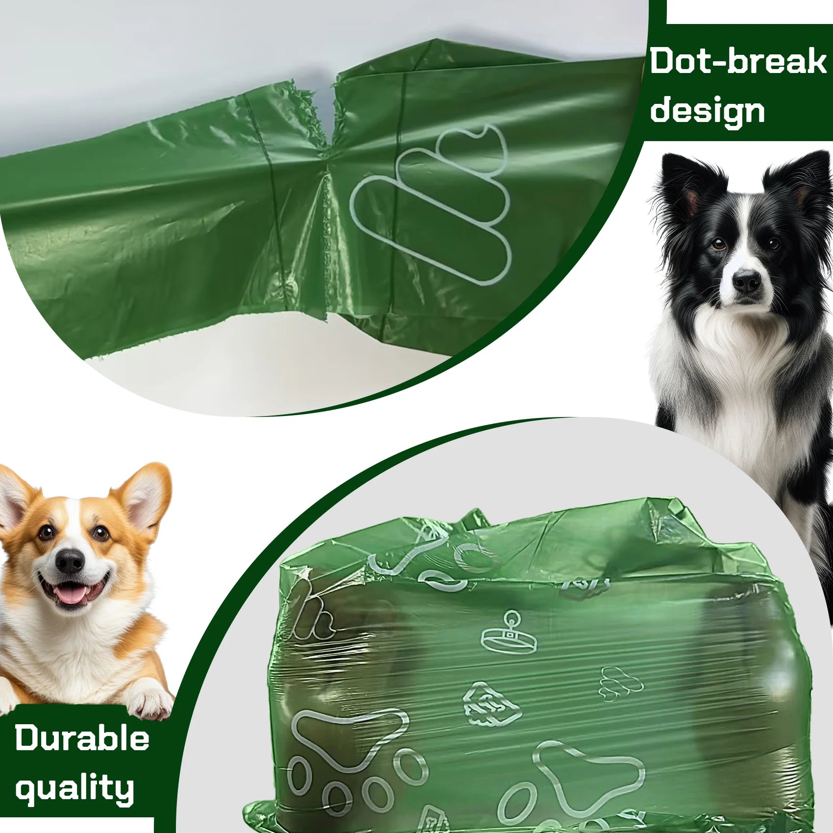 Green dog waste bags with a dog and corgi in the background, highlighting durability and design features.