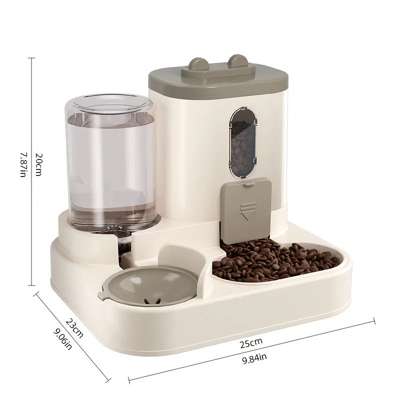 Pet feeder with water dispenser and dimensions displayed