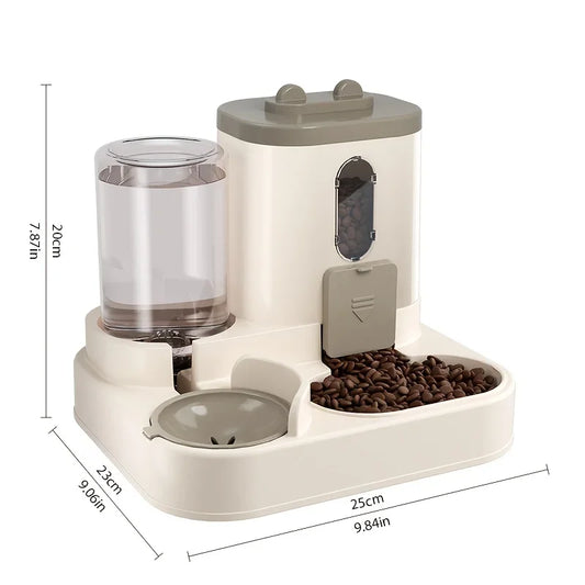 Pet feeder with water dispenser and dimensions displayed