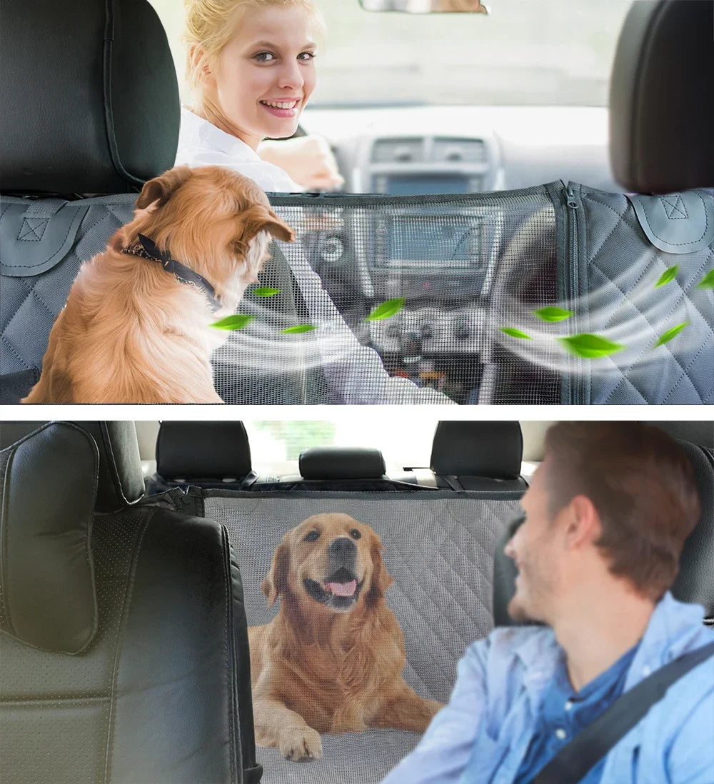 Pet car seat cover with a dog inside a vehicle, showing its use for both front and back seats.