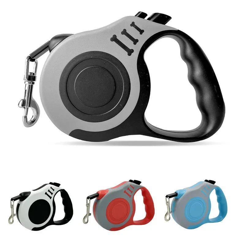 Retractable dog leash with handle and carabiner on a white background