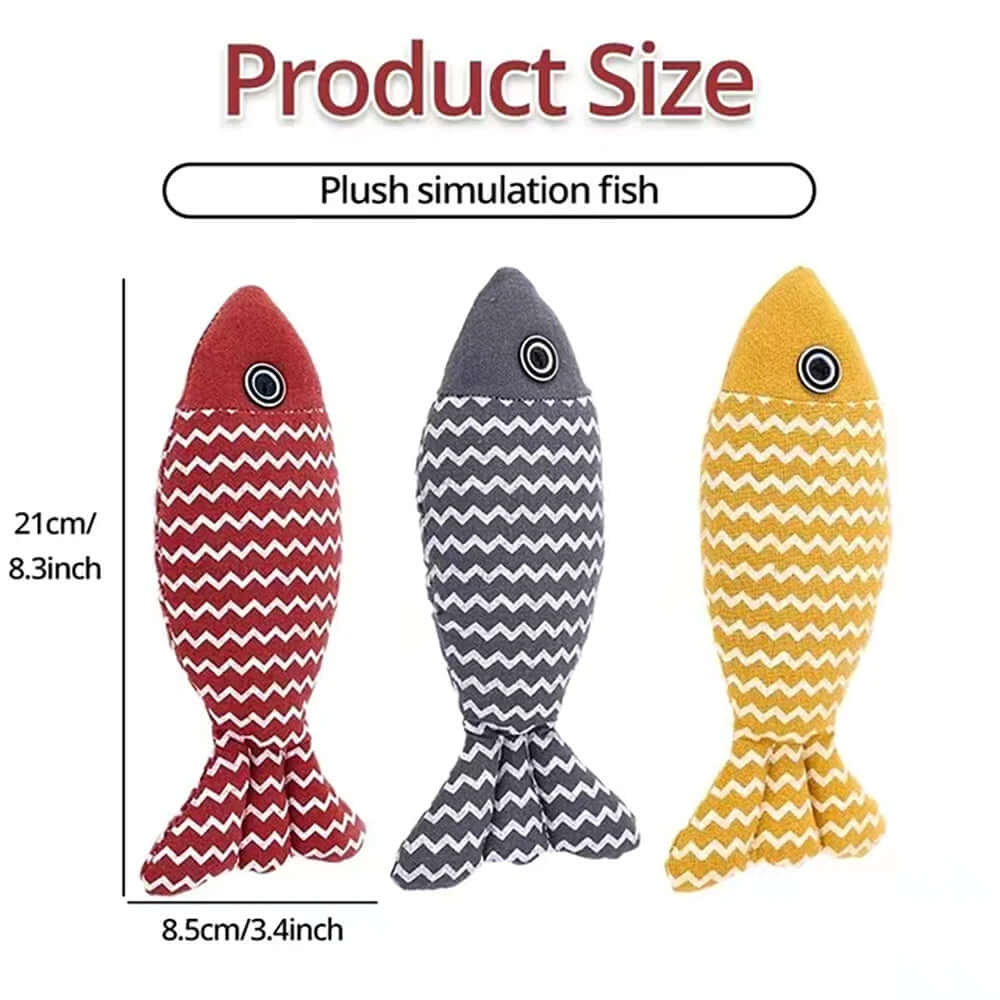 Three plush fish toys with zigzag patterns and measurements on a white background