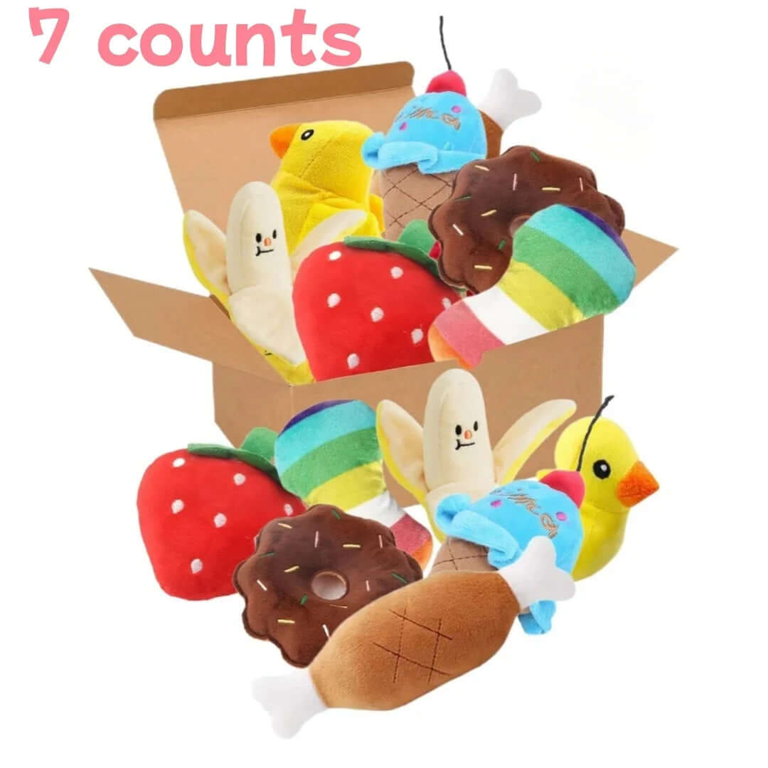 Box of colorful plush toys including fruits and a bird, with '7 counts' text above.