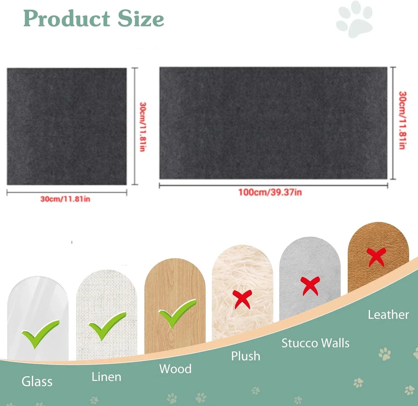 Product size chart with dimensions and material compatibility for a rug.