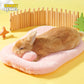 Small brown rabbit sleeping on a pink cushion with a wooden fence and decorative items in the background, featuring the brand 'CAWAYI KENNEL'.