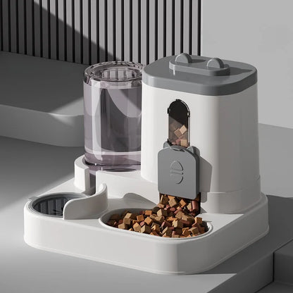 Pet feeder with food on a light gray background