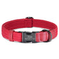 Red dog collar with a black engraved nameplate on a white background