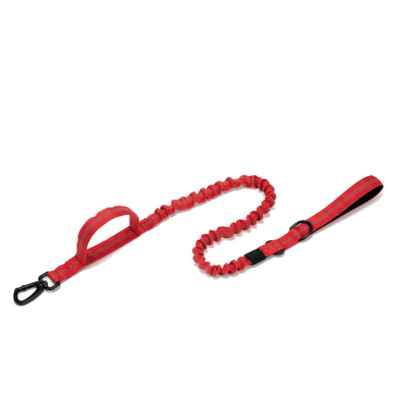 Red dog leash with handle on a white background