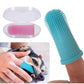 Pet grooming tool with pink roller and blue textured handle, used on a dog.