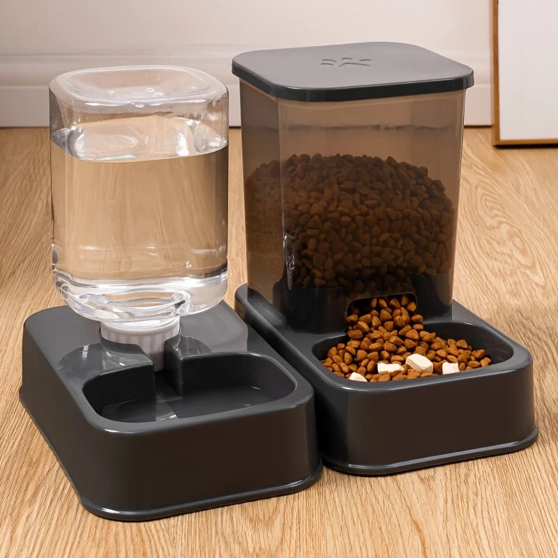 Pet water bowl and food container on a wooden floor