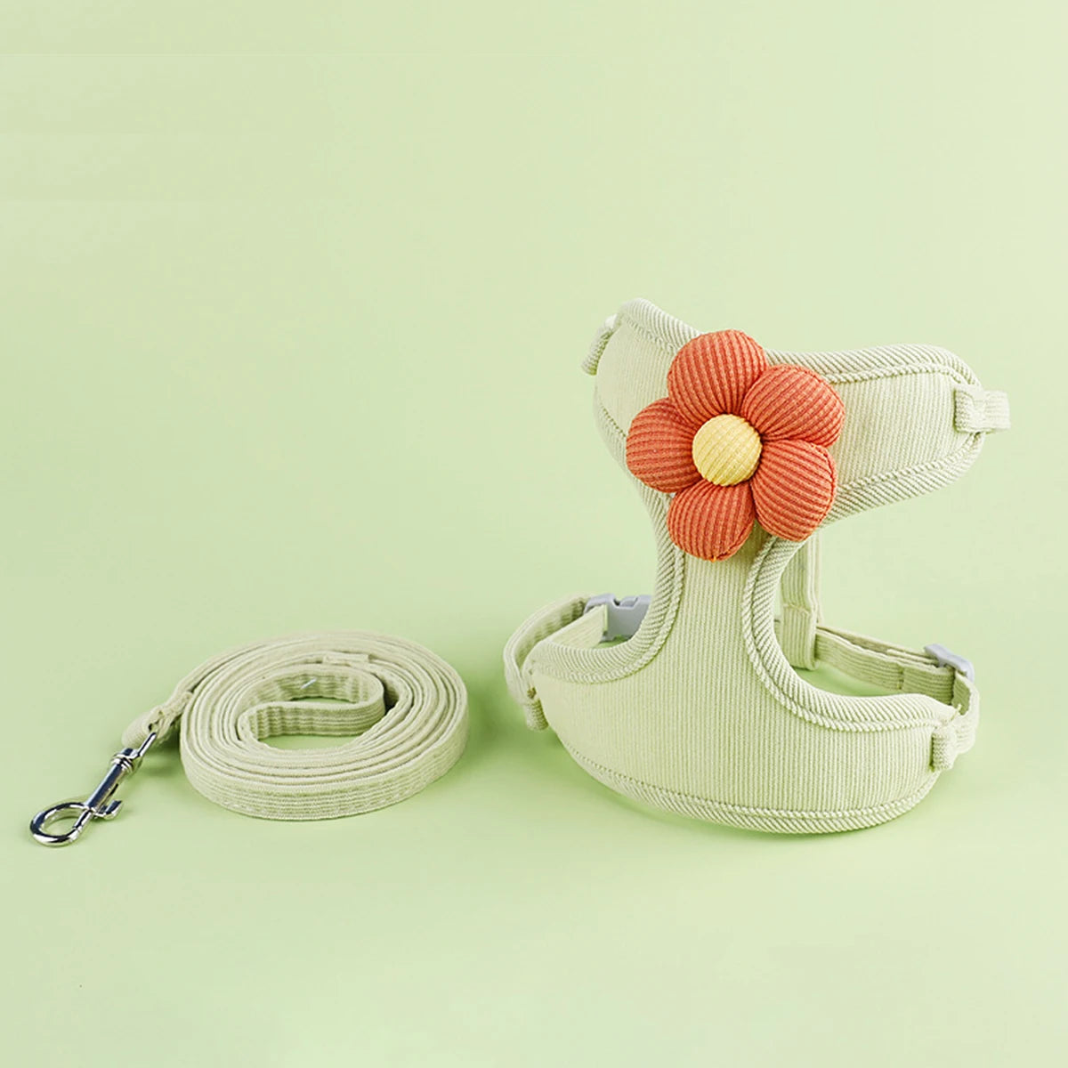 Dog harness with a flower design and matching leash on a light green background