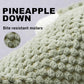 Text 'PINEAPPLE DOWN' and 'Bite resistant molars' with a close-up of textured material on a light gray background.