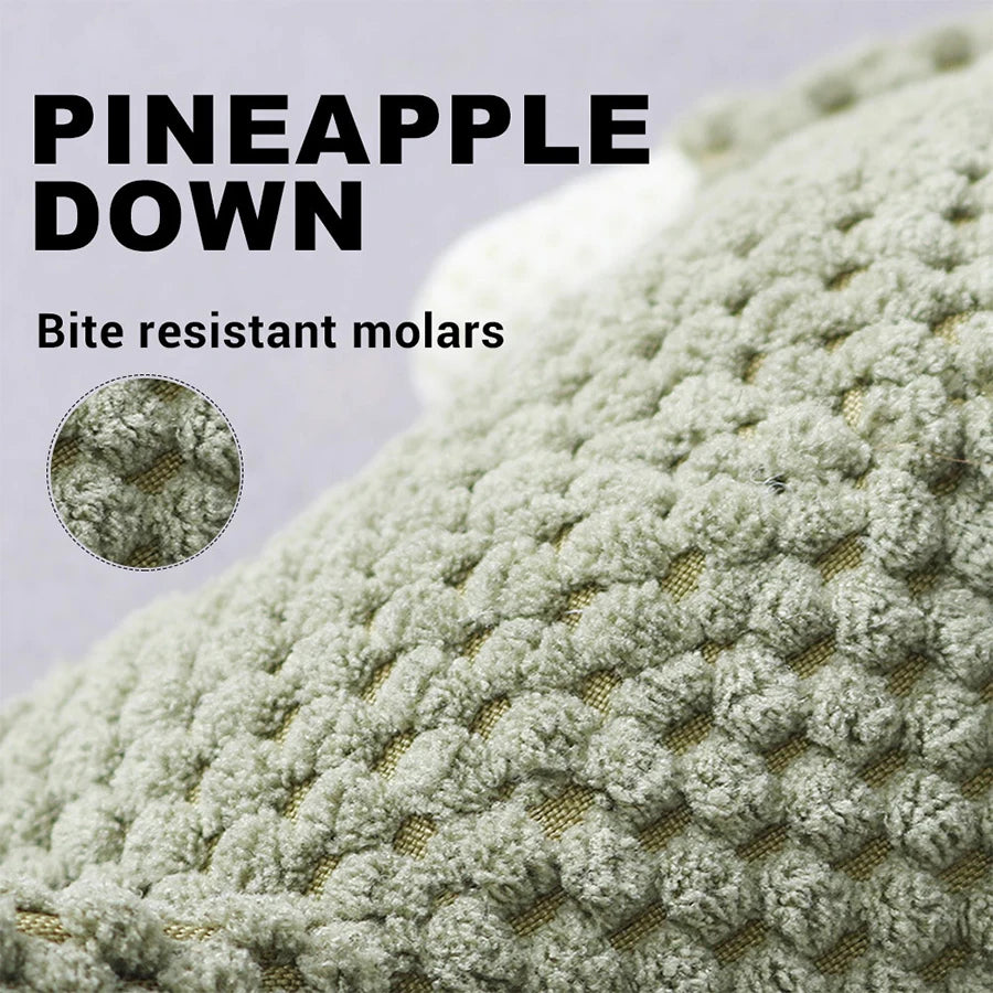 Text 'PINEAPPLE DOWN' and 'Bite resistant molars' with a close-up of textured material on a light gray background.