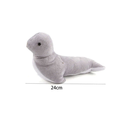 Gray plush seal toy on a white background with a measurement label indicating 24cm.