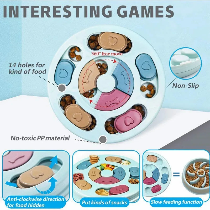 Pet toy with various food-shaped compartments on a light blue background