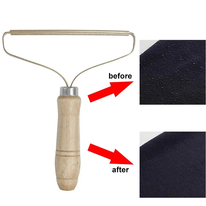 Textile roller with wooden handle and metal wire, showing 'before' and 'after' fabric texture comparison on a white background.